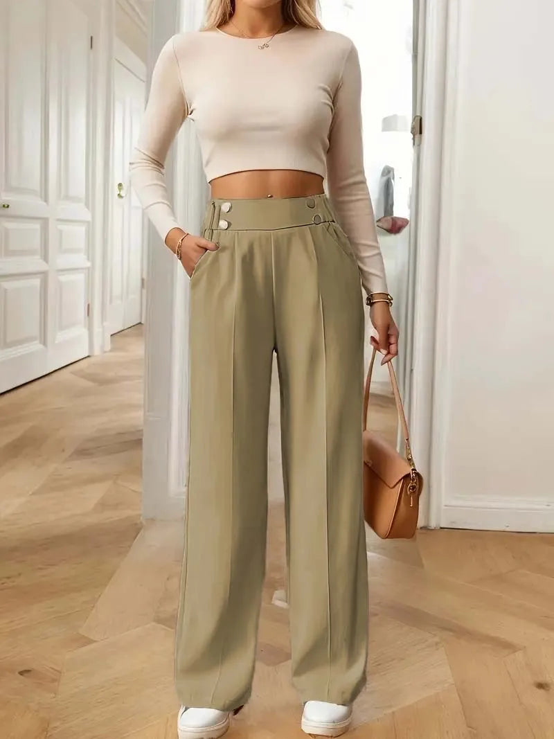 Well Fitted High Waist Pant’s/Wide Leg Pant’s/Flow Floor-Length Trousers/Minimalist Straight Fit Lounge/Elastic Waist Pocketed Pant’s.