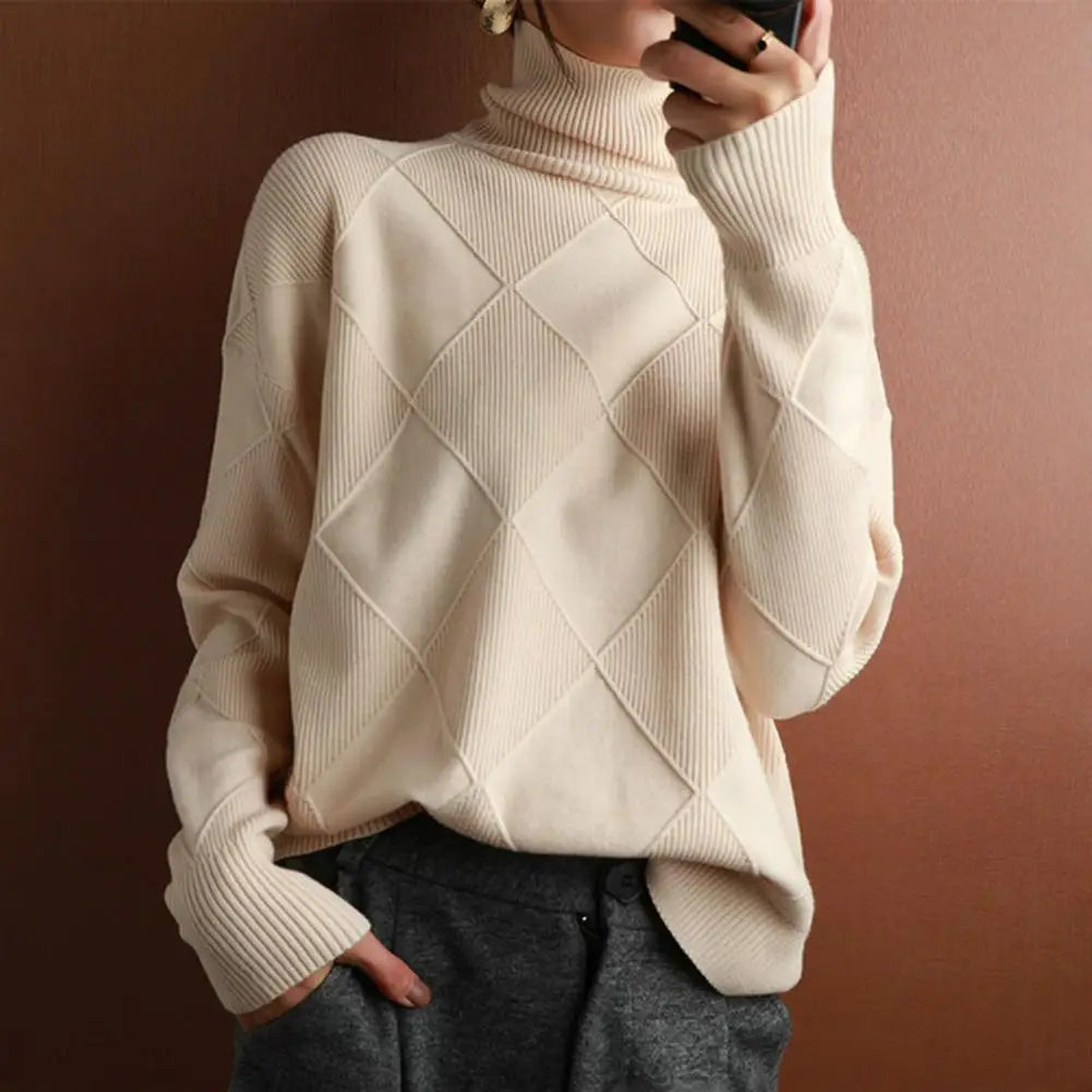Solid Stylish Winter Turtleneck Sweater/ Elegant Thicken Warm Knitted Pullover/Crochet Texture Slim Tops Loose Jersey Knitwear Jumper.