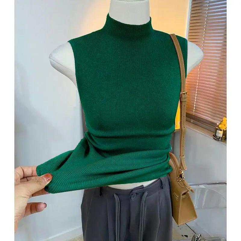 Knitted turtleneck sweater/Women Half High Collar Fashion/Autumn Basic Slim Sleeveless Sweaters/All-match Ulzzang Leisure Knitting. Popular Slightly Stretch.