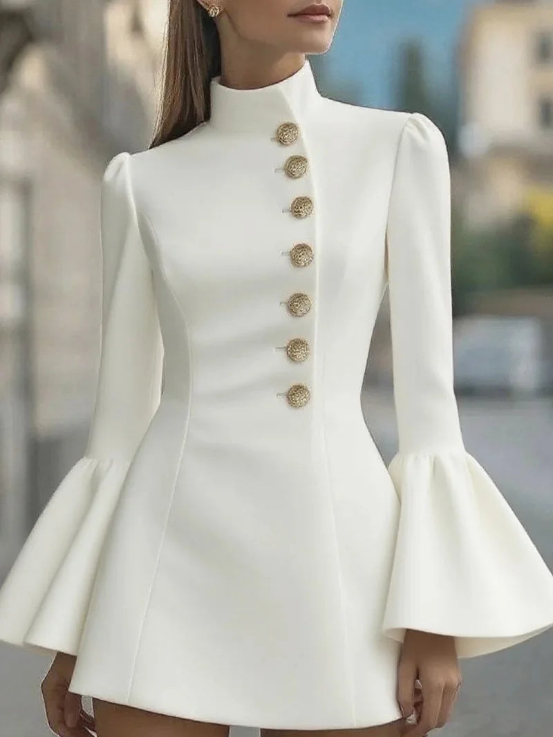 Elegant Slim Mini Dress/Winter Fashion Solid Color Long Puffed Sleeved Body-con/Buttoned Above Knee Pullover.