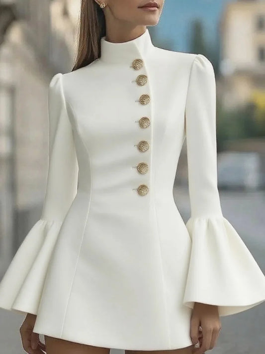Elegant Slim Mini Dress/Winter Fashion Solid Color Long Puffed Sleeved Body-con/Buttoned Above Knee Pullover.