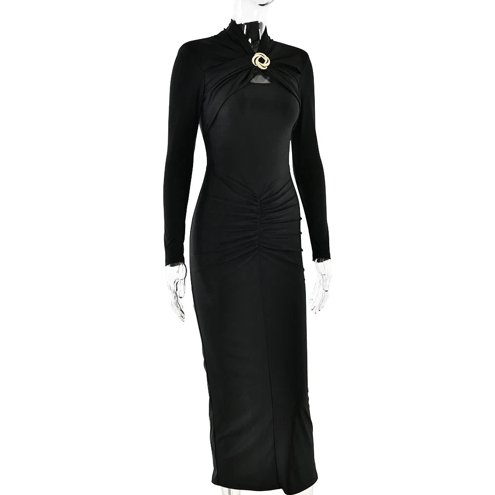 Luxury Champagne Gold Ruched Maxi Dress – Long Sleeve Stretch Satin Bodycon Evening Gown for Women