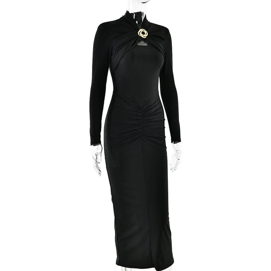 Luxury Champagne Gold Ruched Maxi Dress – Long Sleeve Stretch Satin Bodycon Evening Gown for Women