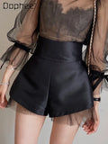 Satin A Line Short’s/High Waist Mesh Patchwork/Wide Leg Slim Suit Short’s/ Zipper Back Elegant Chic Design Solid Office Lady.