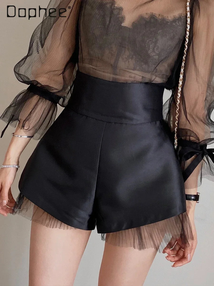 Satin A Line Short’s/High Waist Mesh Patchwork/Wide Leg Slim Suit Short’s/ Zipper Back Elegant Chic Design Solid Office Lady.