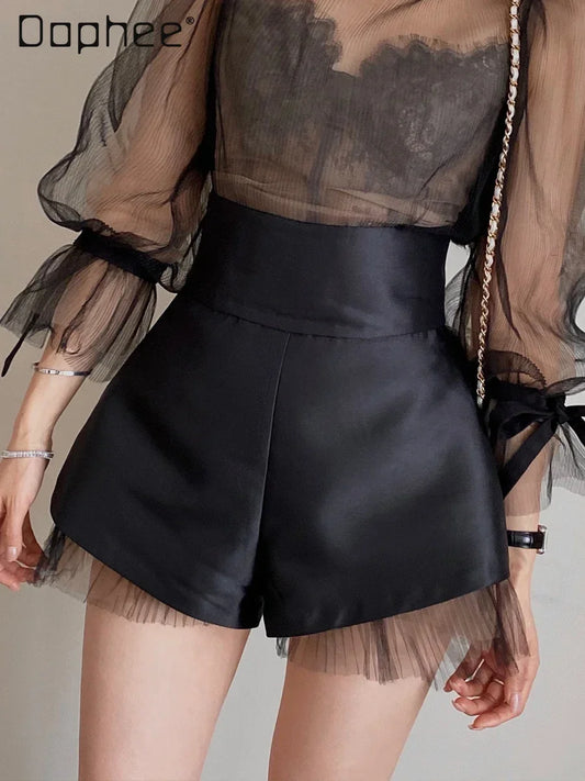Satin A Line Short’s/High Waist Mesh Patchwork/Wide Leg Slim Suit Short’s/ Zipper Back Elegant Chic Design Solid Office Lady.