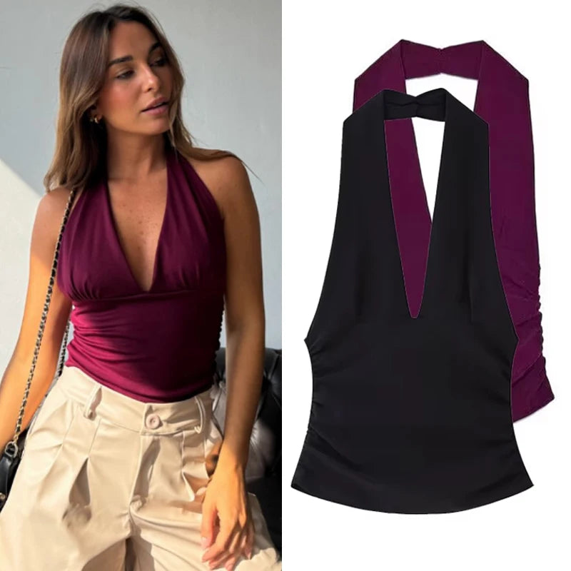 HXAO Halter Top Off Shoulder Deep V-Neck/Cropped Backless Tank Top.