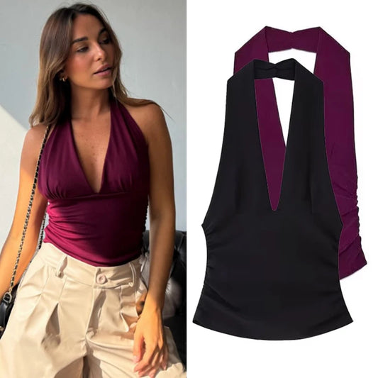 HXAO Halter Top Off Shoulder Deep V-Neck/Cropped Backless Tank Top.