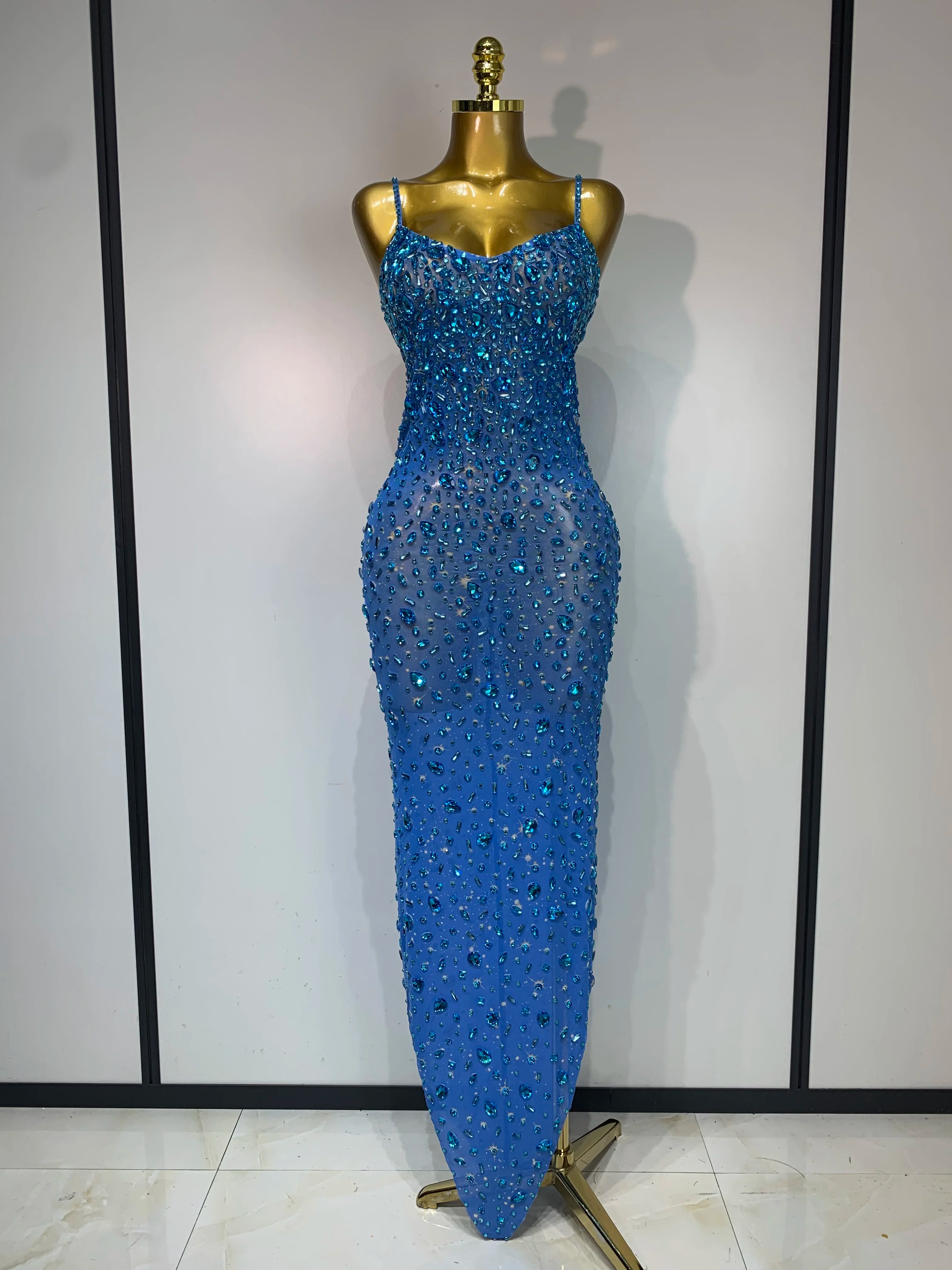 Luxury Rhinestones Sexy Mesh/See Through Bodycon Dress/Women Cocktail party Gown Red Carpet Club Stage Outfit.