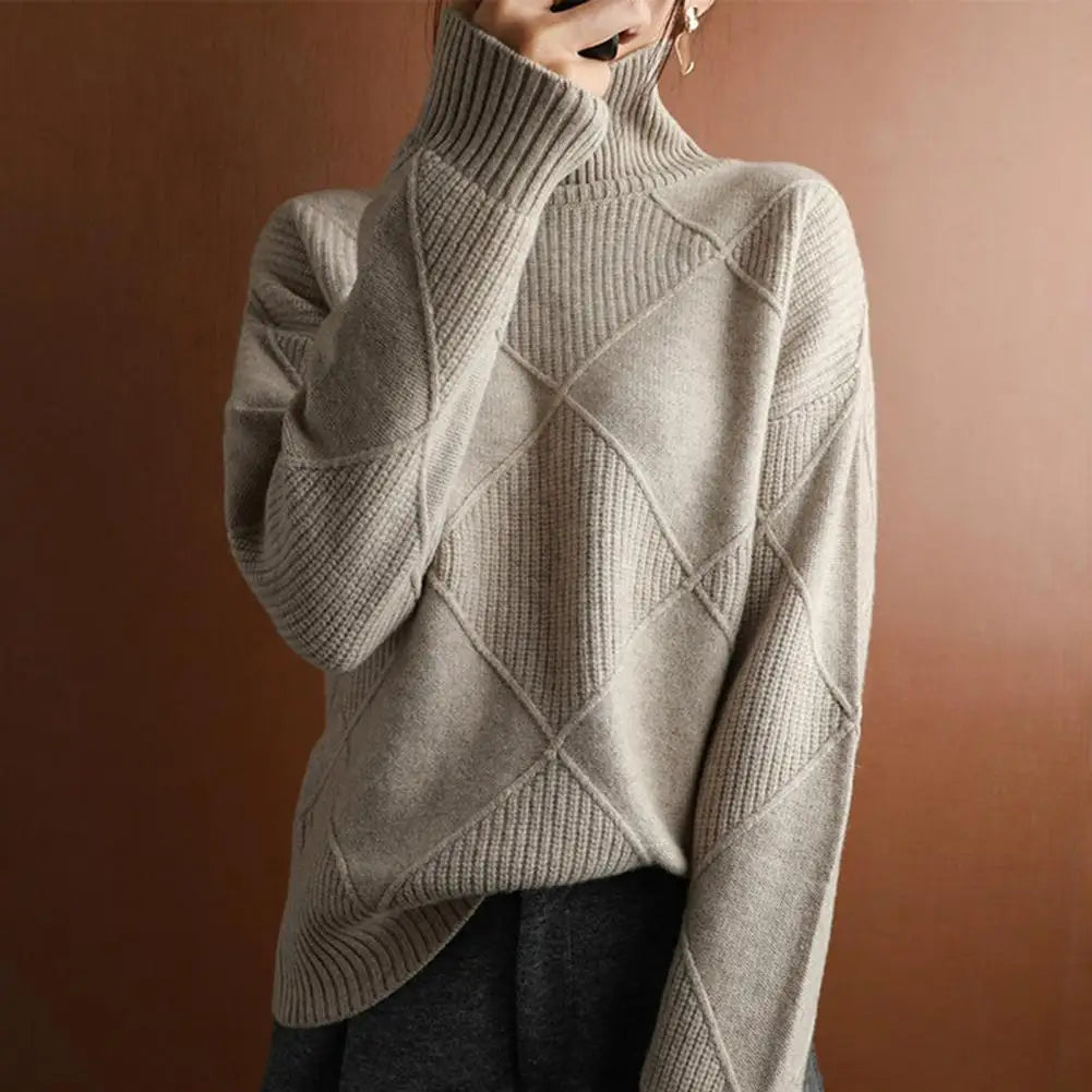 Solid Stylish Winter Turtleneck Sweater/ Elegant Thicken Warm Knitted Pullover/Crochet Texture Slim Tops Loose Jersey Knitwear Jumper.