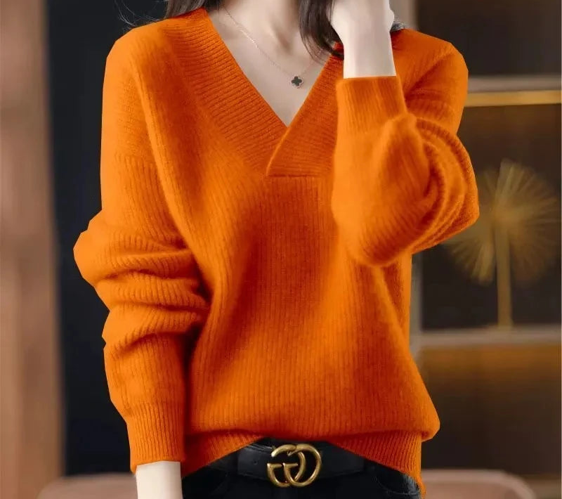 Stylish Cashmere Sweater/Women's 100% Wool Sweater/Fashion V-neck Knitted Pullover/Winter and Autumn Loose Solid Soft Sweater