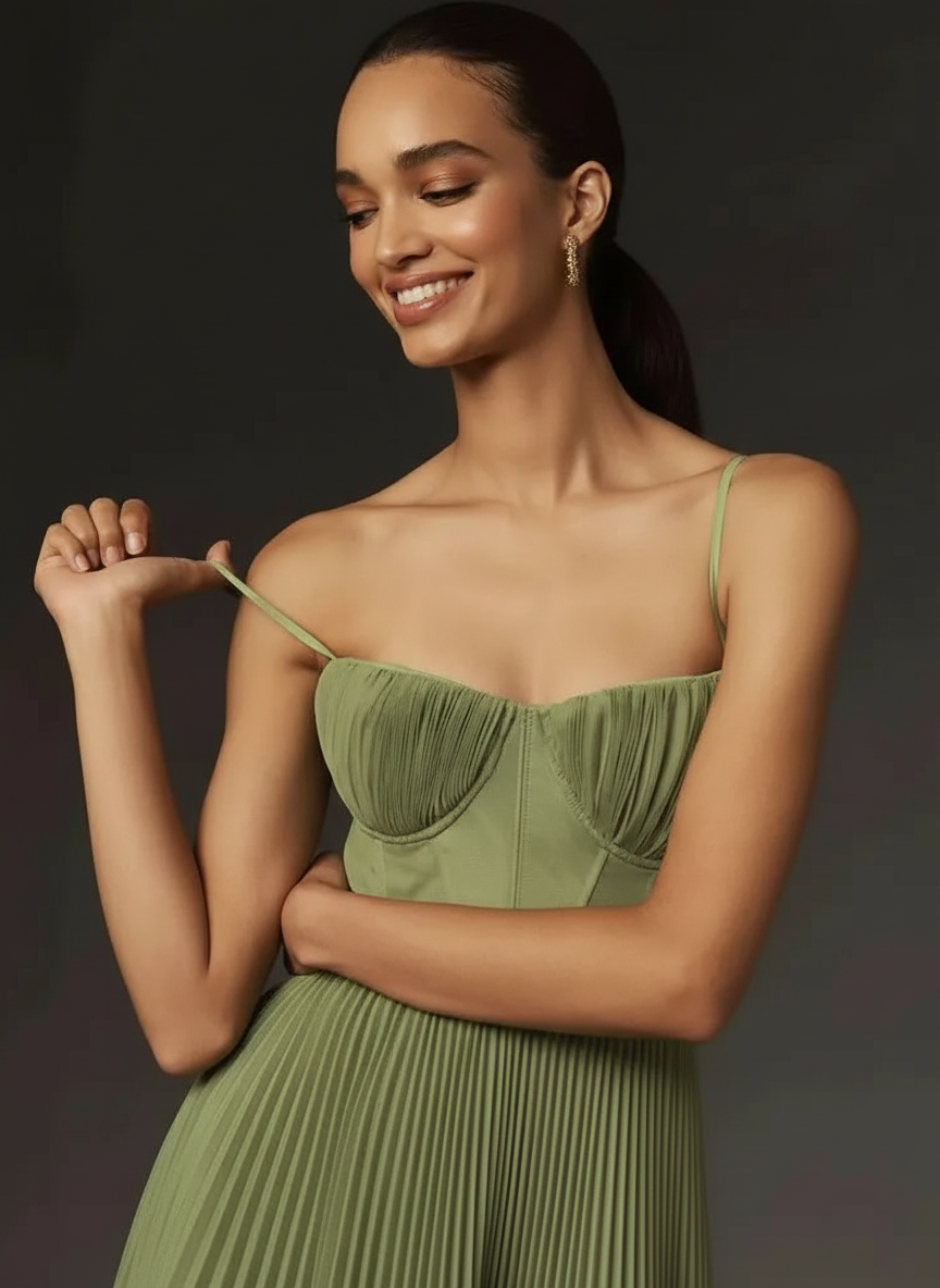 Solid Mid~Calf Dress/Deep V Neck Slim Pleated Maxi Dress/Sleeveless Female Smooths Silhouette/ Bridesmaid Gown Dress.