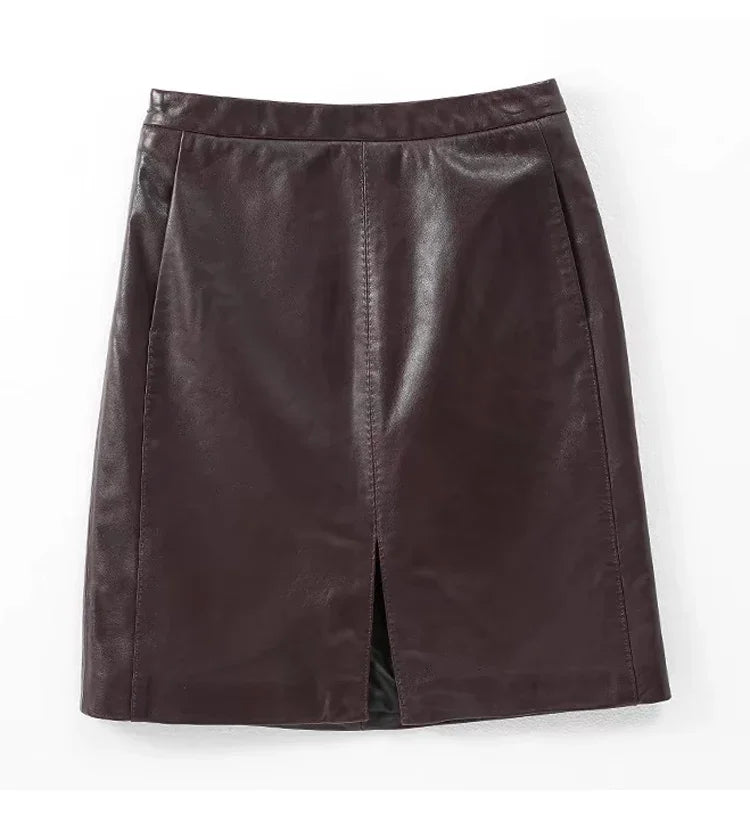 Burgundy Faux Leather Mini Skirt with Front Slit – High-Waist Vegan Leather Skirt
