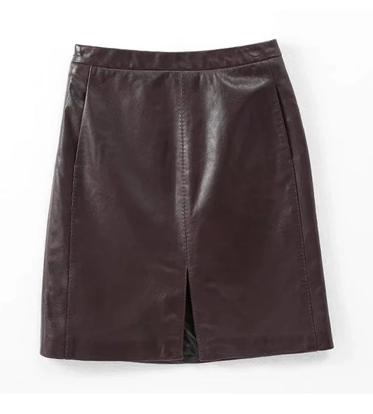 Burgundy Faux Leather Mini Skirt with Front Slit – High-Waist Vegan Leather Skirt