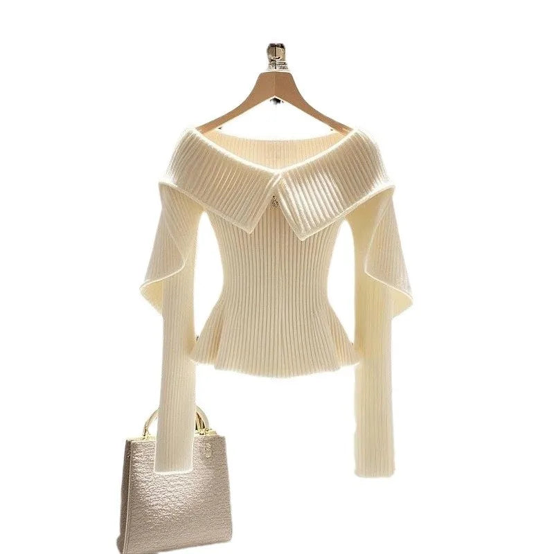 Luxury turn down collar/Wool knitted Sweater/Solid Style High End Design/Sense Niche Thin lapel Fit/Autumn Season wear.