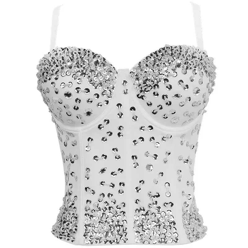 Fashion Sequined Tank Top/Shiny Shaper Push Up Bra/Sexy Halter Cropped Top/Bralette Corset Camis.