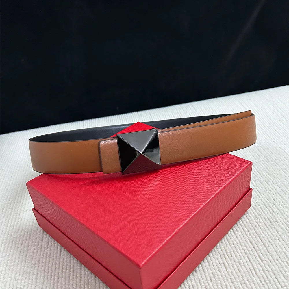 Luxury Brown Leather Belt with Gold Geometric Buckle | Women’s Statement Waist Belt