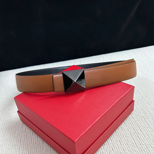 Luxury Brown Leather Belt with Gold Geometric Buckle | Women’s Statement Waist Belt