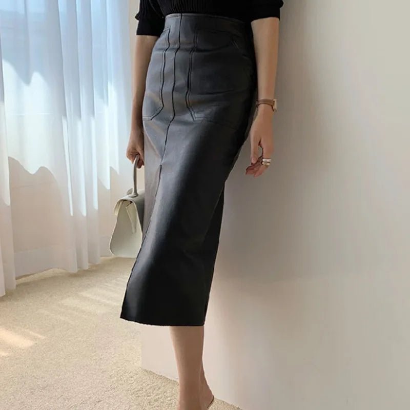 Modern Blend Boutique Women’s High-Waisted Faux Leather Midi Pencil Skirt – Elegant Front Slit, Slim Fit PU Leather Skirt, Timeless Chic Office & Evening Wear