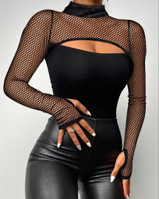 New Fashion Rhinestone Top/Bandeau Sheer Mesh/Slim Fit Long Sleeve Tee Sexy Skinny Daily T-Shirt Top.