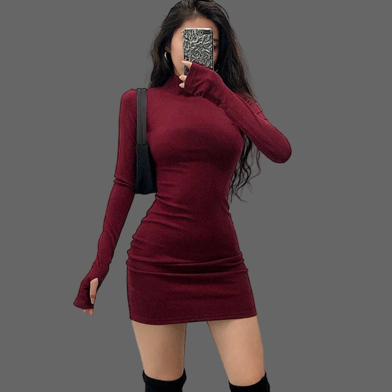 Stylish Solid Turtleneck Dress/Tight Fitting Long Sleeve European Body~Con Dress.