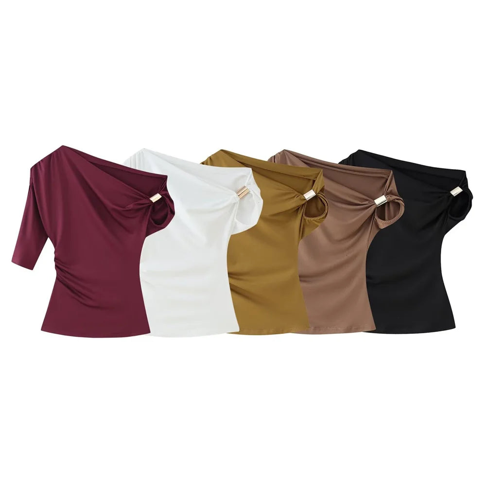 Fashion Styled Off Shoulder Blouse/Metallica Temperament Buckle/Slim Fit Nylon Asymmetric Top.