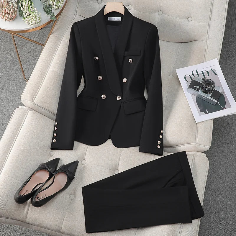 High Quality Turn Down Collar Suit/Two Piece Double Breasted Blazer/Straight Zipper Trousers Women Outfit.