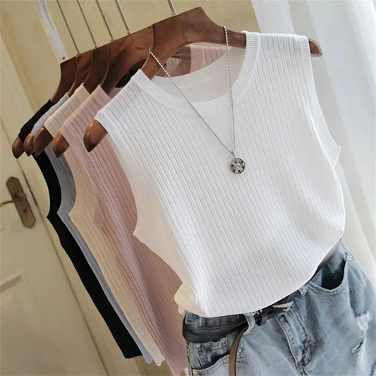 Solid Knitted Sleeveless Shirt/O-neck Blouse Shirt/Low Rise Tops.