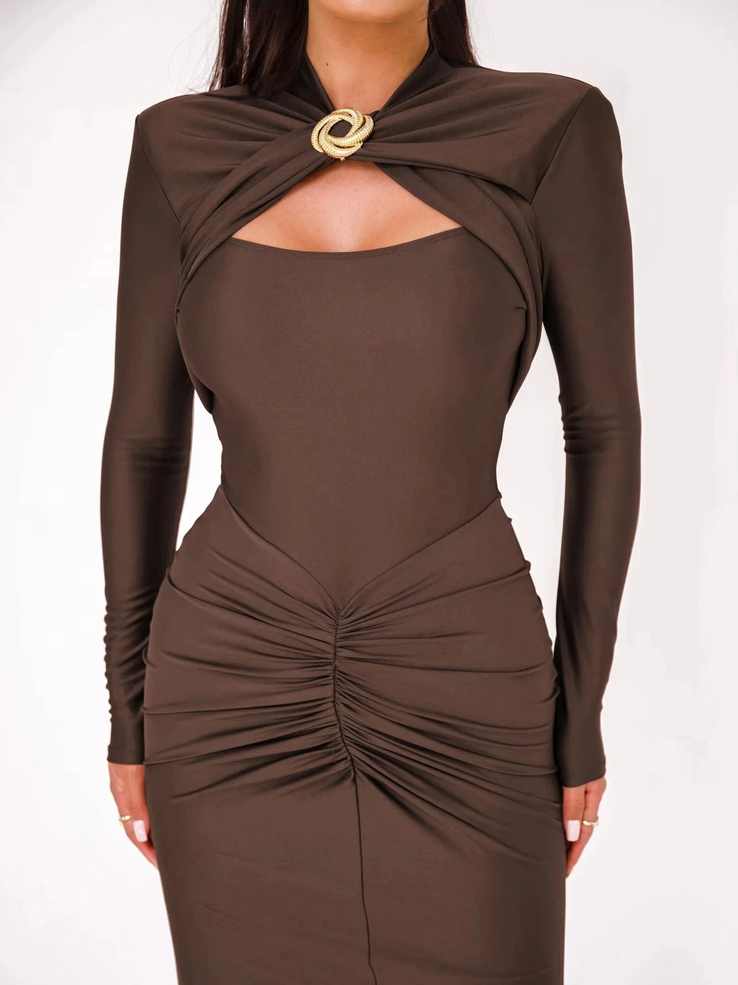 Luxury Champagne Gold Ruched Maxi Dress – Long Sleeve Stretch Satin Bodycon Evening Gown for Women