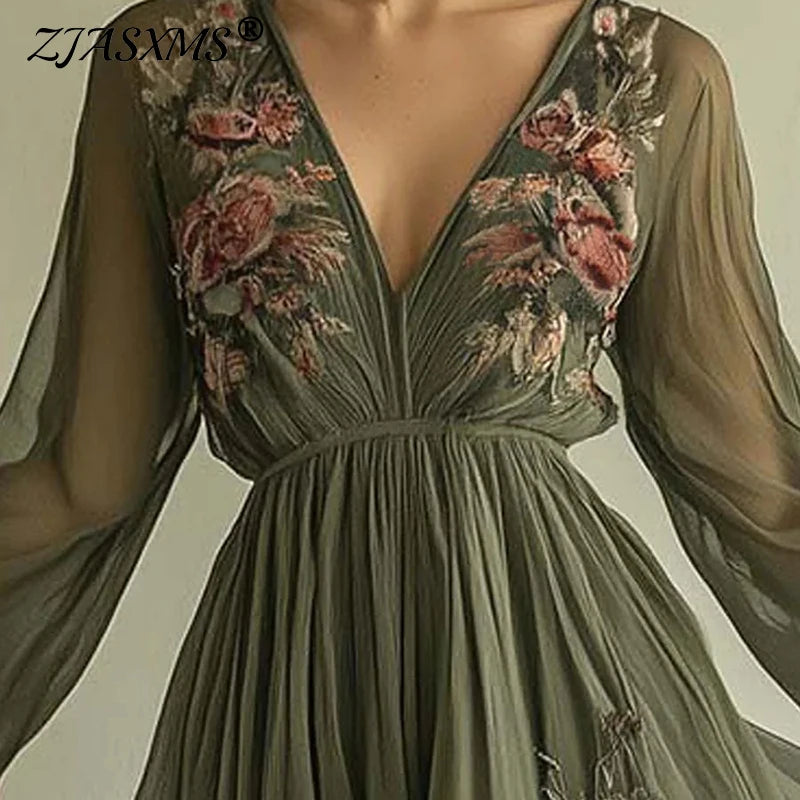 Seamless Modern Designed Dress/High Sleeve Waist Evening wear. V~Neck Floral Printed.