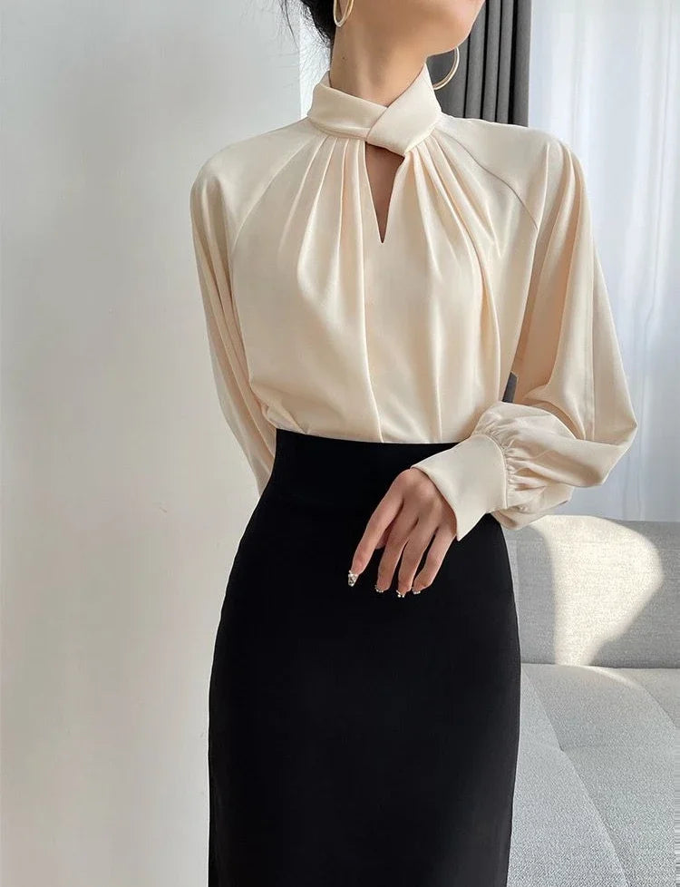 Elegant Twist-Neck Satin Blouse for Women – Long Sleeve Formal Top
