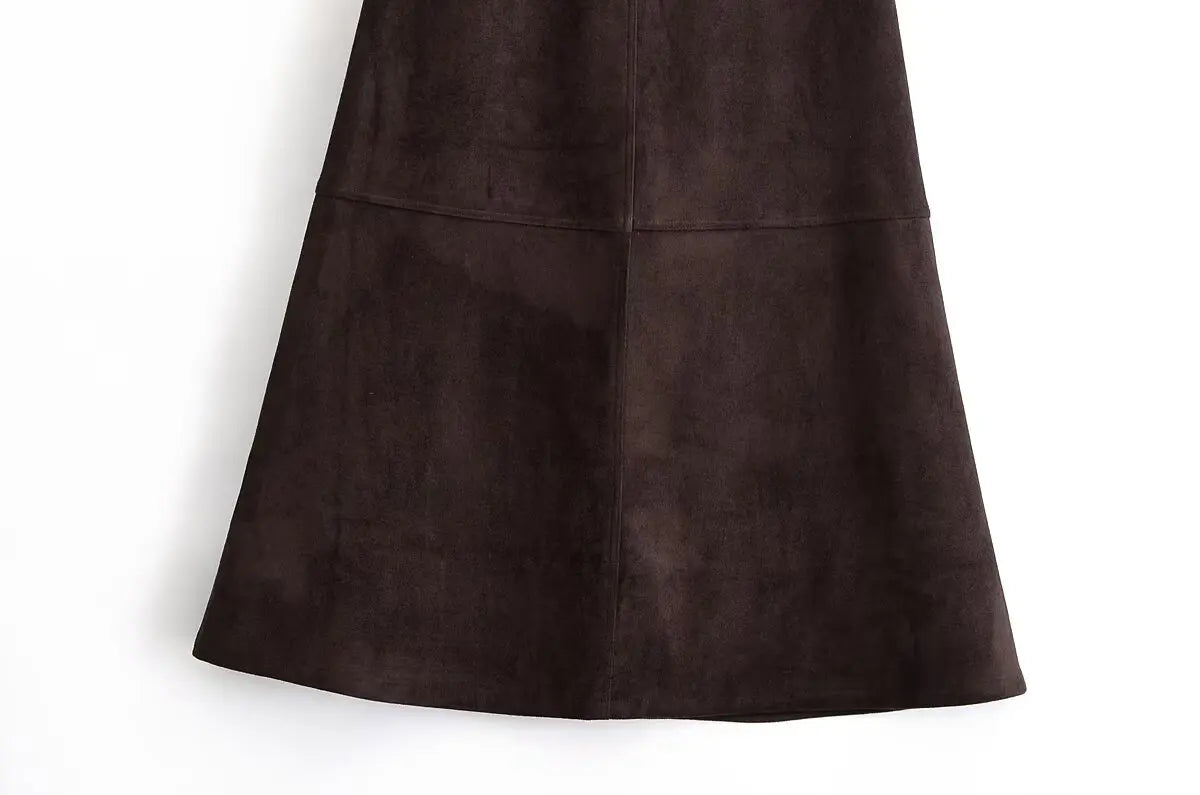 Ladies Coffee Suede Textured Midi Skirt – High-Waisted A-Line Elegant Casual Commuter Skirt