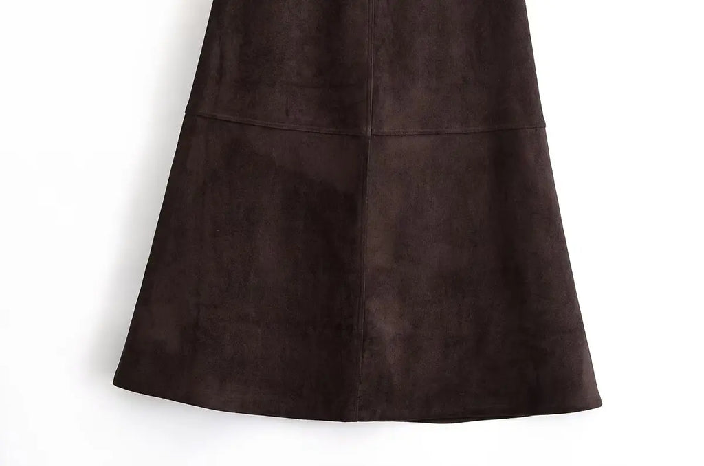 Coffee Suede Textured Half Skirt/Female High Waisted A-Line Fashion Midi Half Skirt.
