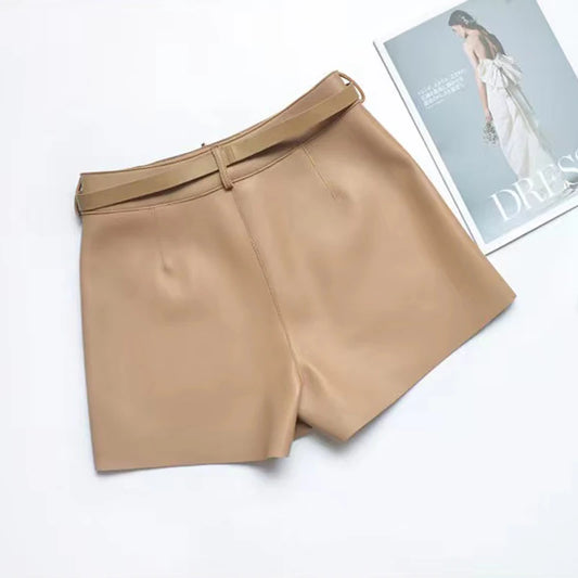 Real Sheepskin Leather Shorts for Women – 2026 New Arrival Casual Genuine Leather Shorts with White Belt, High-Quality Sheepskin, Versatile Summer & Street Style