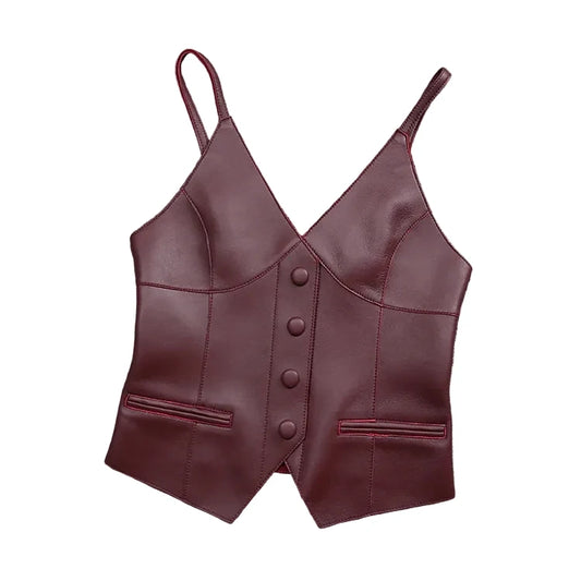 Luxury Genuine Sheepskin Leather Vest for Women – Tailored V-Neck Button Front Streetwear Top (Black, Camel, Green, Purple, Orange, Khaki)