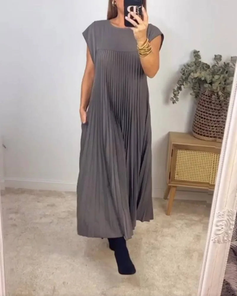 Solid Vintage Loose Pullover/High Waist Dress/Large Hem Long Dress/Fashionable Round Neck Sleeveless Pleated  Mid Calf Women's Dress Femme.