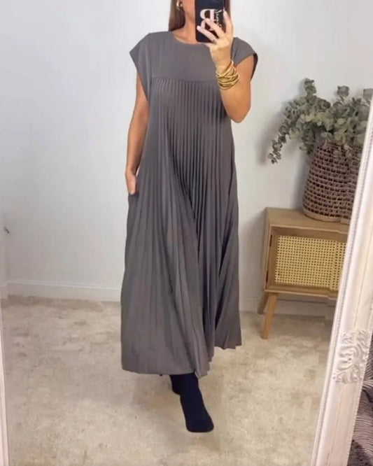 Solid Vintage Loose Pullover/High Waist Dress/Large Hem Long Dress/Fashionable Round Neck Sleeveless Pleated  Mid Calf Women's Dress Femme.