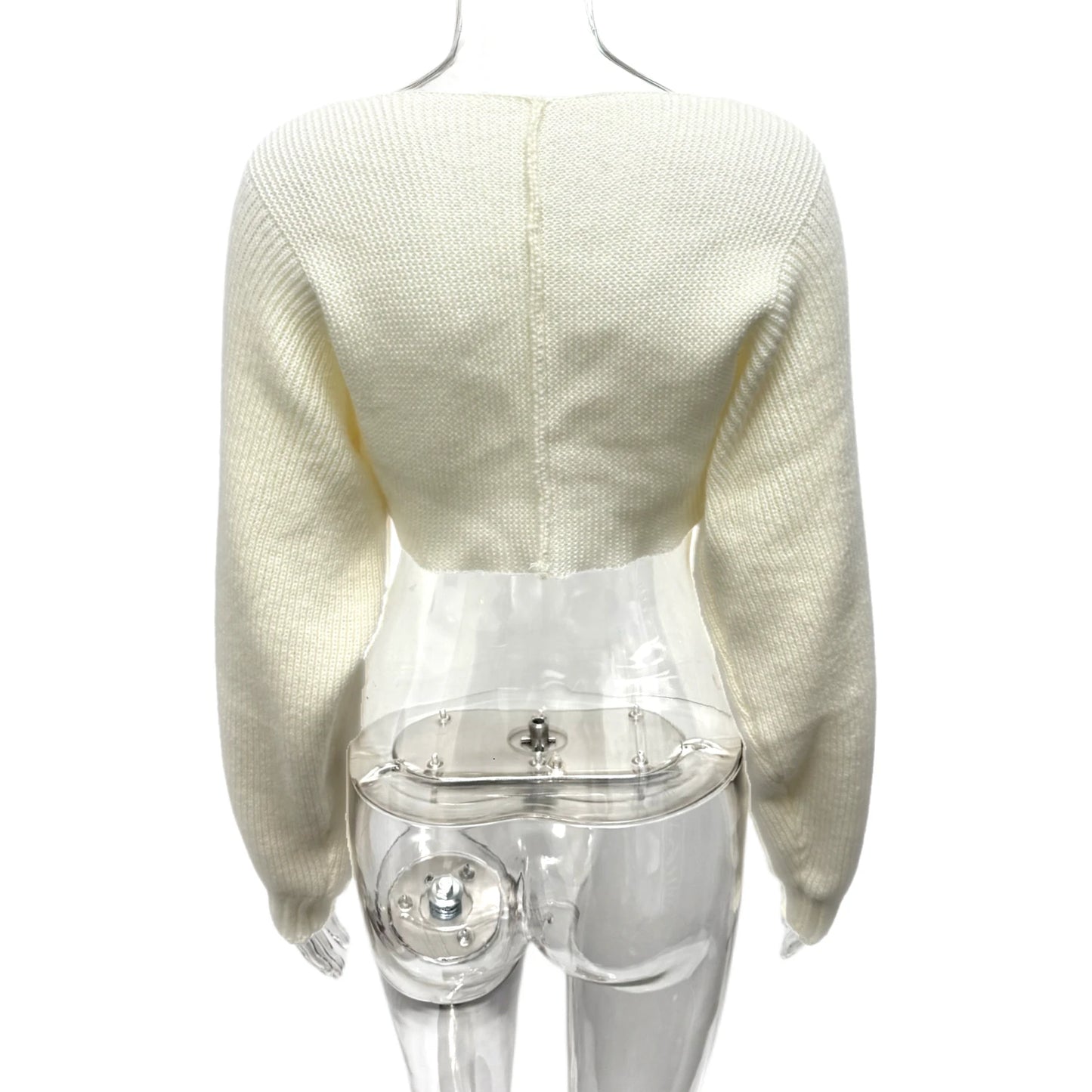 Luxury Ribbed Knit Cropped Cardigan Top – V-Neck Balloon Sleeve Sweater