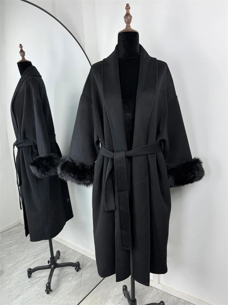 Tossy Fox Fur Overcoat/Short Fitted Cardigan Coat/Elegant Double-sided Woolen Coat.
