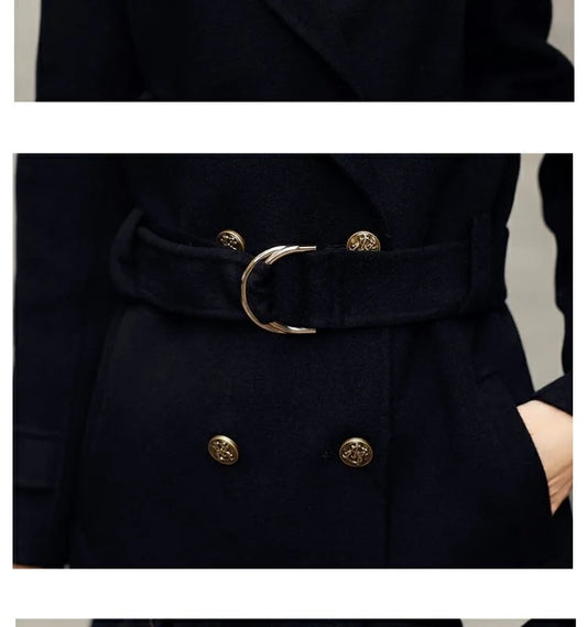Women’s Double-Breasted Belted Long Wool-Blend Coat | Tailored Winter Overcoat with Gold Buttons & Notched Lapel | Sizes S–3XL