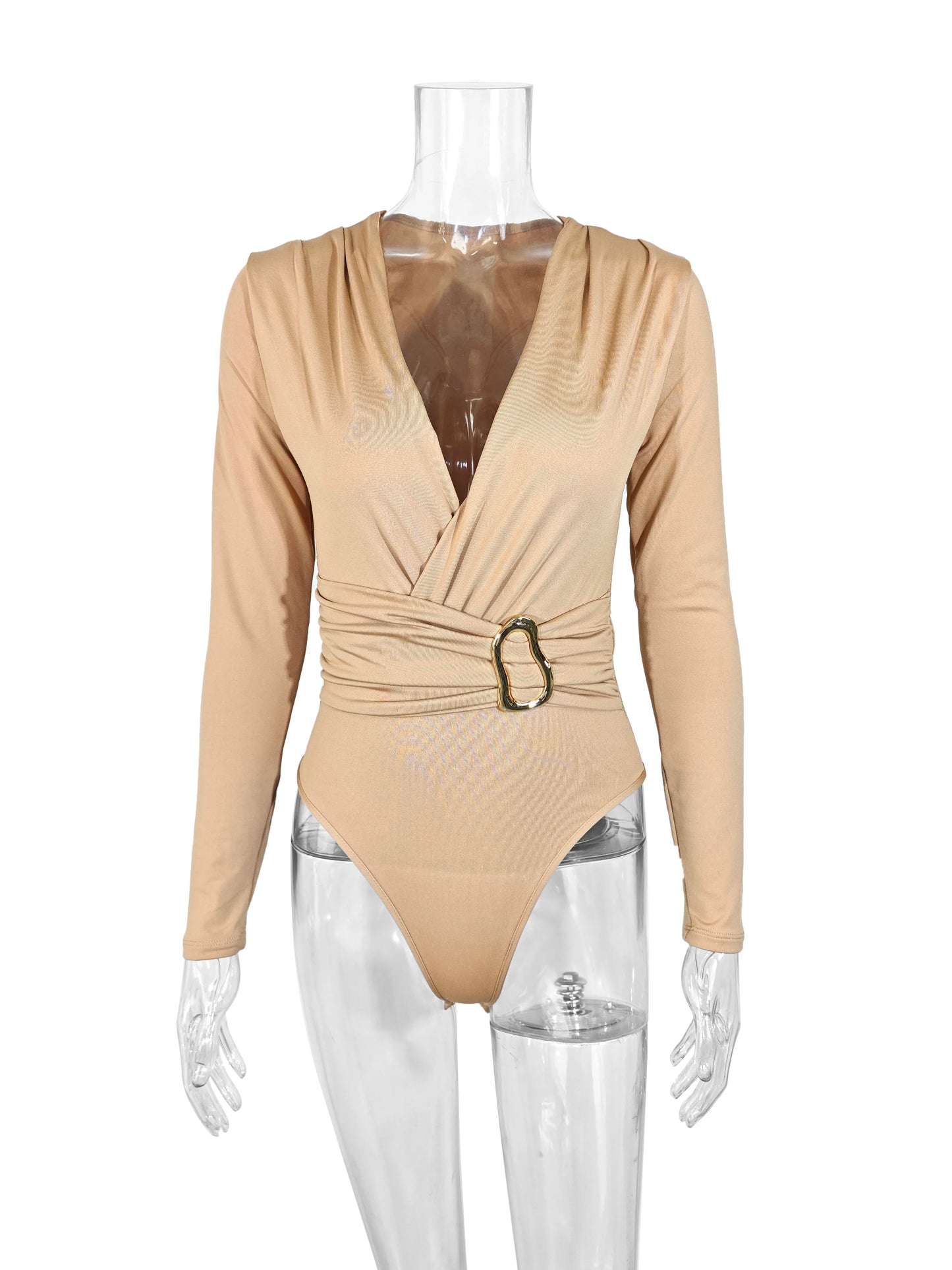 Modern Blend Boutique Deep V Wrap Bodysuit – Elegant Long Sleeve Buckle Waist Slim Fit Bodysuit for Women