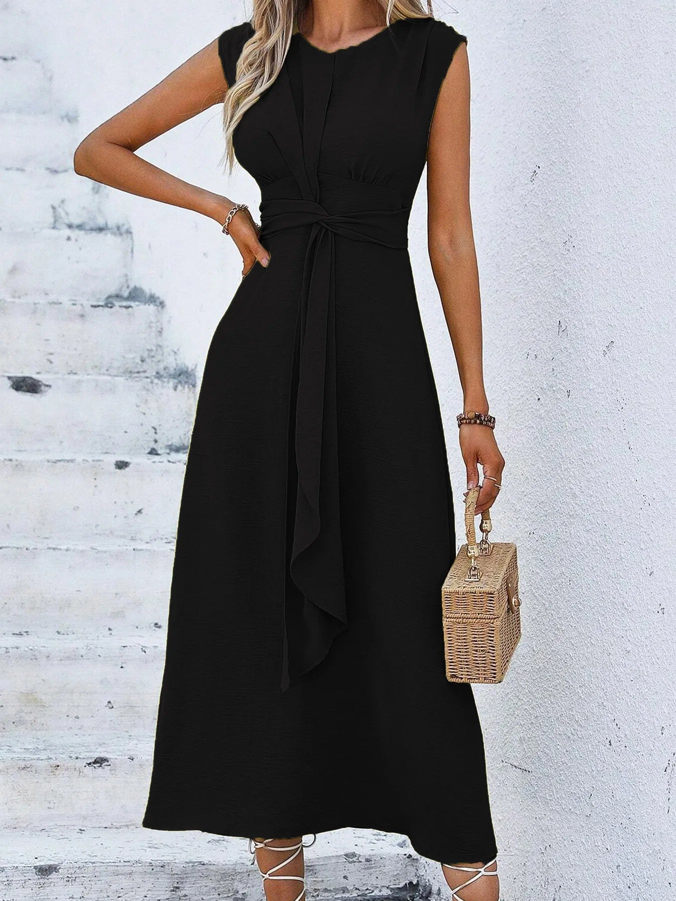 Elegant Sleeveless Waist Tie Midi Dress for Women – Romantic Vacation A-Line Summer Dress | Casual Chic Date Night Outfit | Modern Blend Boutique