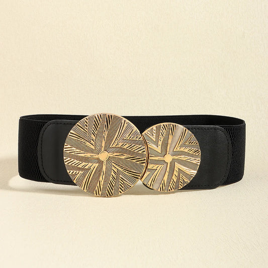 Luxury Wide Elastic Waist Belt for Women – Gold Statement Buckle Stretch Fashion Belt