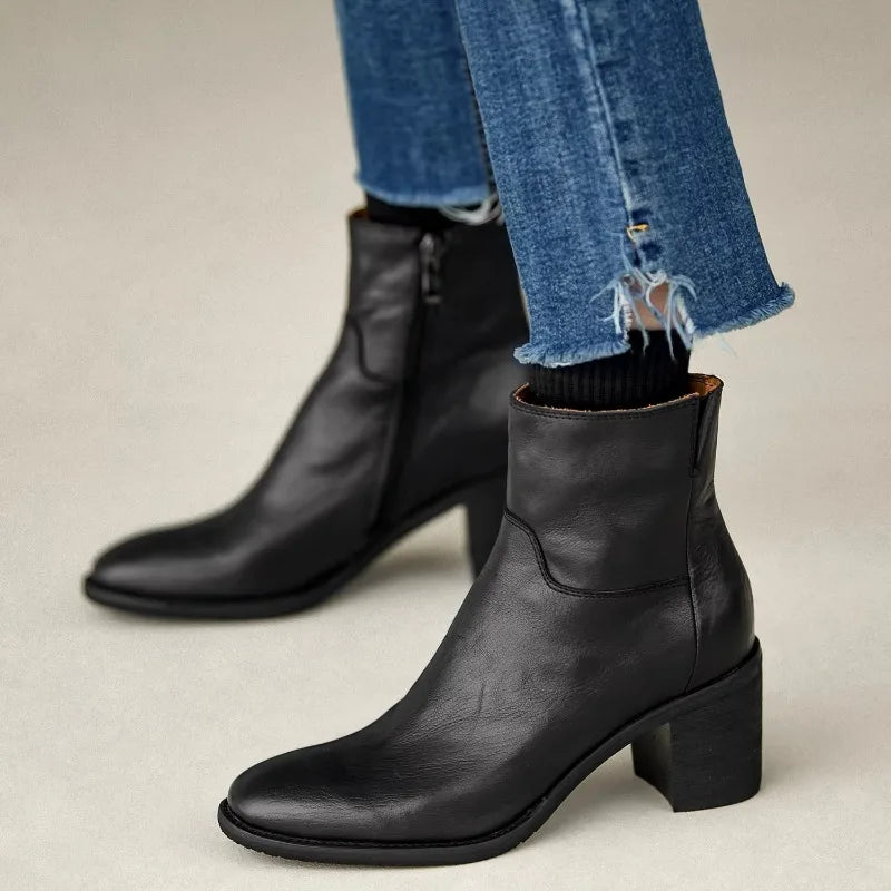 Women’s Genuine Leather Ankle Boots | Vintage European-Inspired Round Toe Booties, Side Zipper, Block Heel, Classic British Style