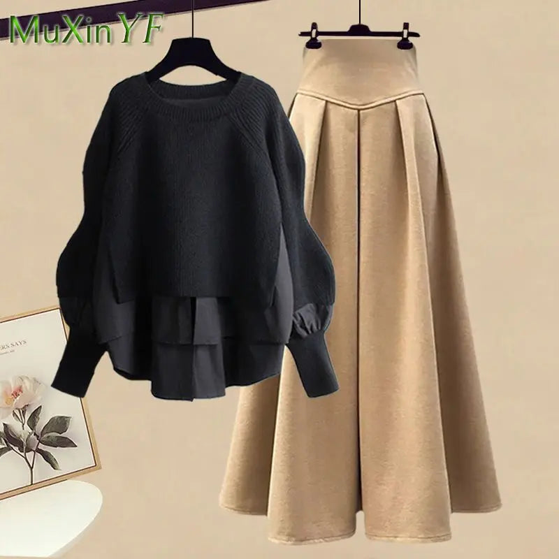Elegant Splice Pullover Set/Two Piece Knitted Sweater Dress/Matching Chic Pullover Skirt Set.