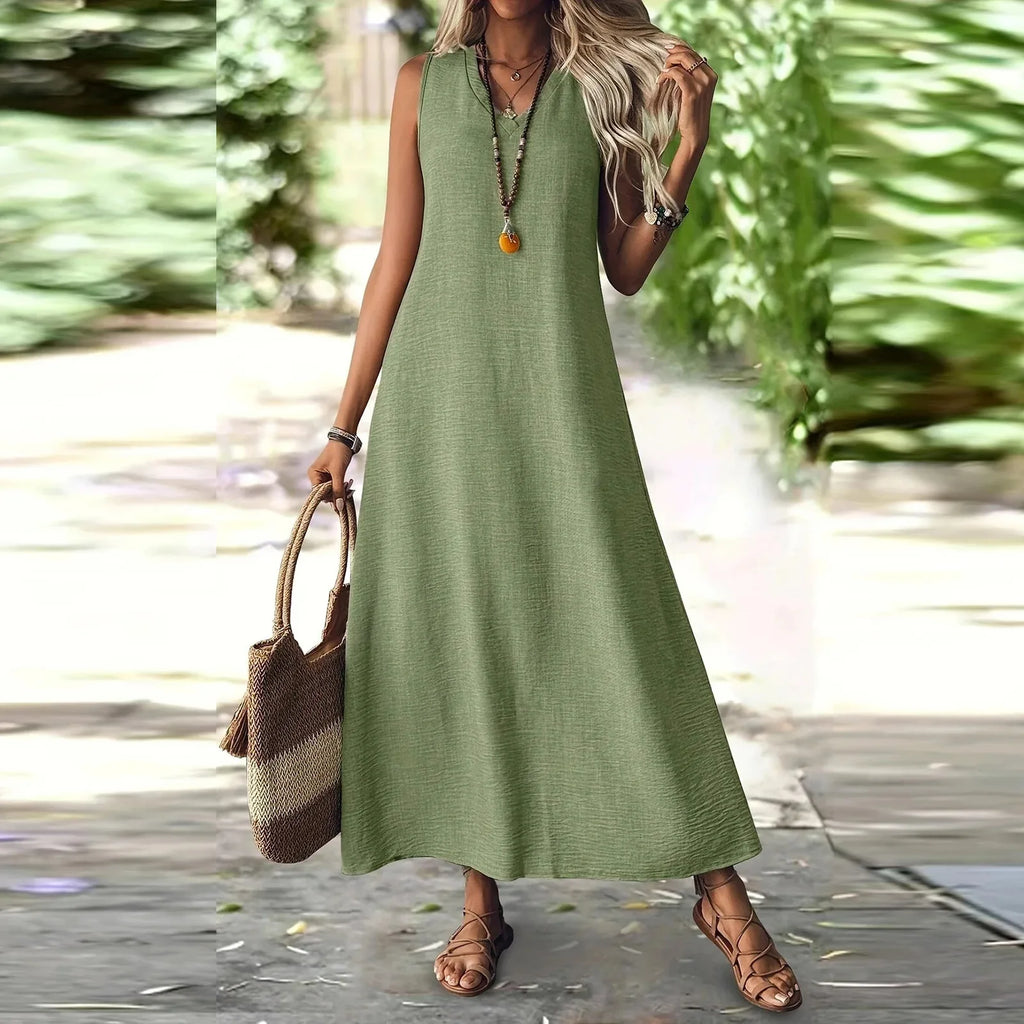 Trendy Solid V-Neck Loose Dress/Sleeveless V Neck Pullover Dresses/Holiday Beach Skirt Robe.