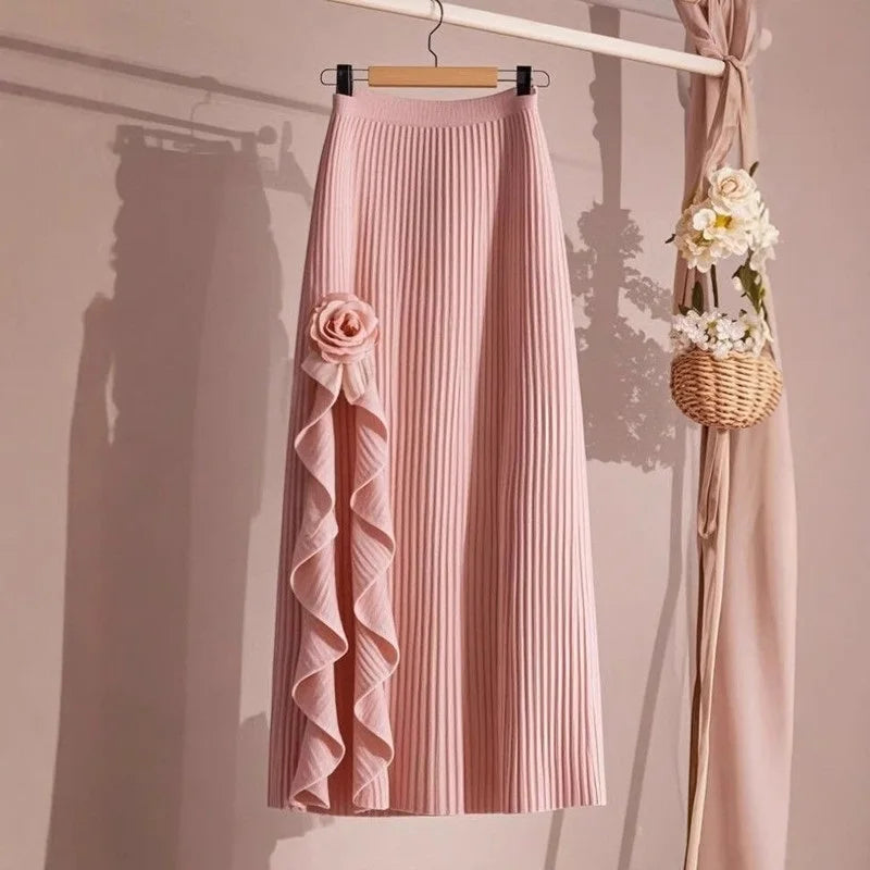 Solid Autumn Winter Skirt/Women/Elastic High Waist A-line Pleated Skirt Midi Skirt Female Elegant Skirts/Med Stretched.