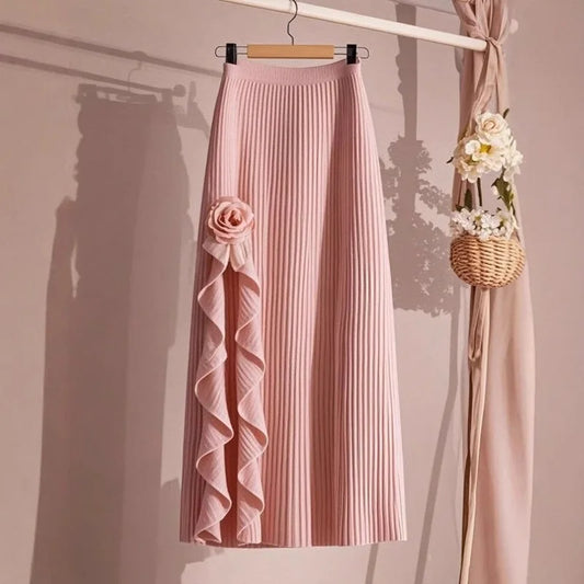 Solid Autumn Winter Skirt/Women/Elastic High Waist A-line Pleated Skirt Midi Skirt Female Elegant Skirts/Med Stretched.