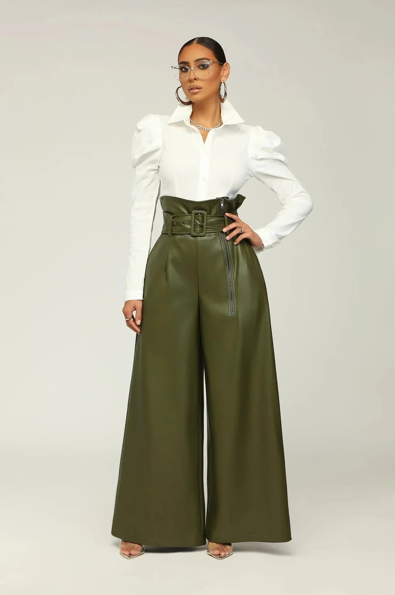 High-Waist Faux Leather Wide-Leg Pants with Belt – Elegant Statement Trousers