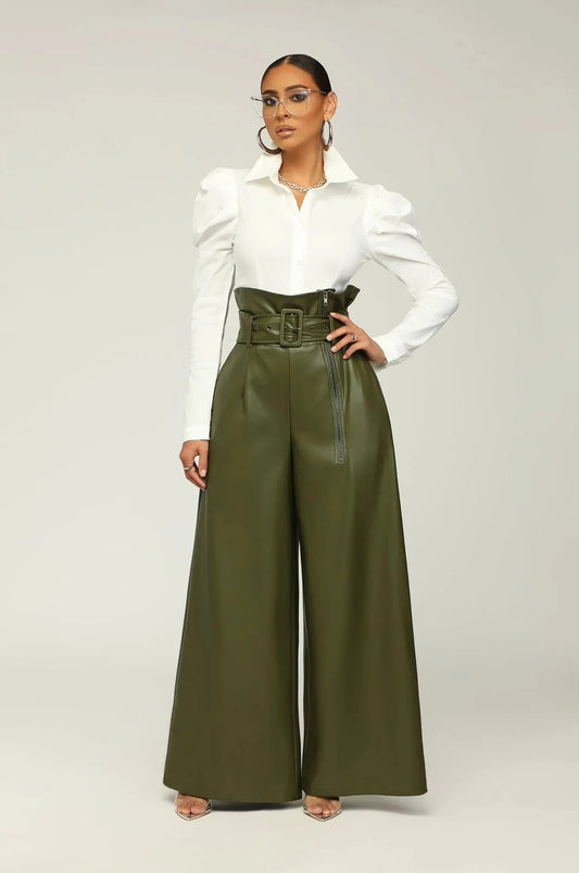 High-Waist Faux Leather Wide-Leg Pants with Belt – Elegant Statement Trousers